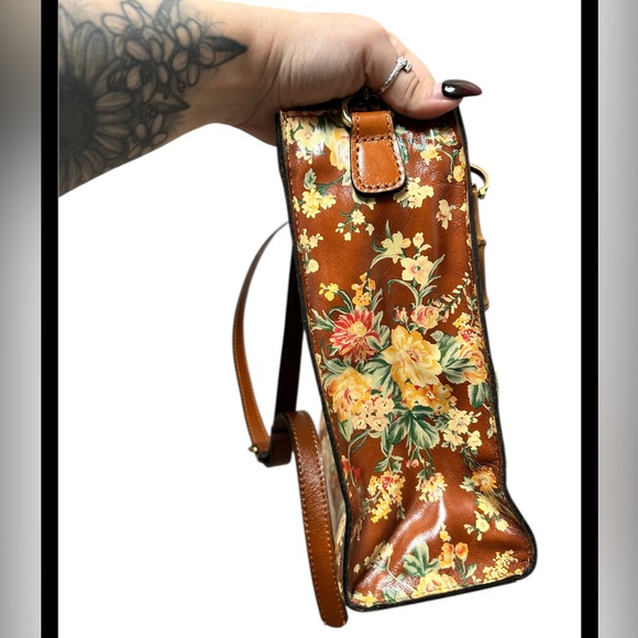 Patricia Nash Zancona Leather Botanical Garden Print Bamboo Handel Tote Bag NWOT - Picture 4 of 11